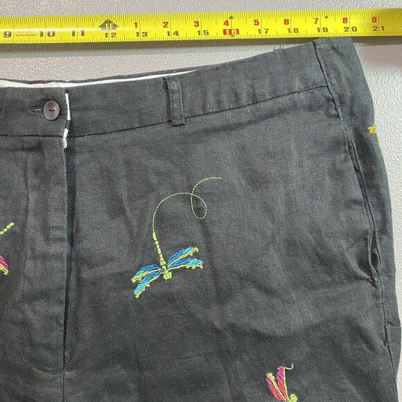 Vintage PARAPHRASE Capri Pants Linen Embroidered Beads Dragonfly Womens 14 Black - Picture 8 of 10